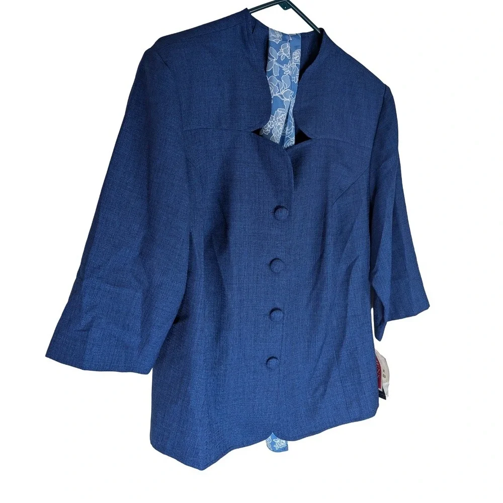 Leslie Fay Blazer Womens 20WP Blue 3/4 Sleeve Button Front Scarf Included NWT AC